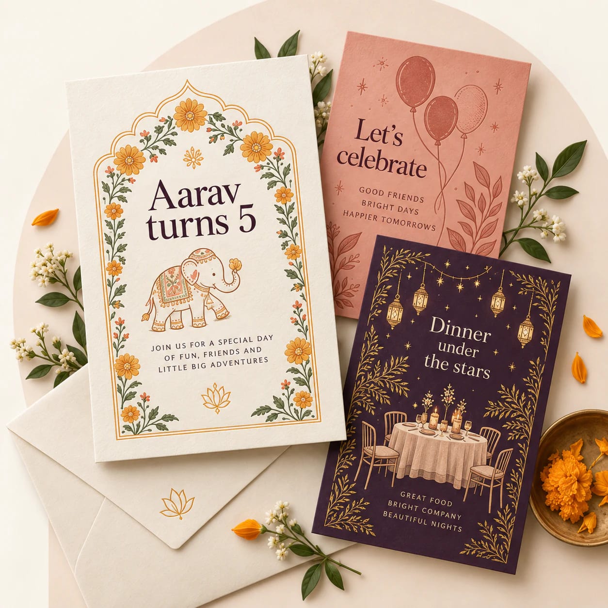 Collage of three invitation cards: a birthday invitation for Aarav turning 5 with an illustrated elephant, a coral Let’s celebrate card, and a plum Dinner under the stars card.